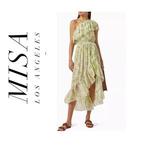 MISA Los Angeles Green Floral One-Shoulder Dress